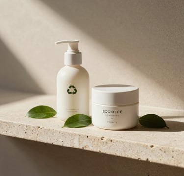 An elegant minimalist photograph displaying eco-friendly recyclable cosmetic containers placed beside fresh green leaves on a light stone shelf, with gentle warm sunlight creating soft shadows in a modern Indian studio setting.