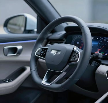 A close-up of a high-end luxury car interior, focusing on the steering wheel with a leather finish and a digital dashboard. Ambient lighting in the cabin uses #4A6F8A tones. The composition is elegant and focused on craftsmanship and technology.