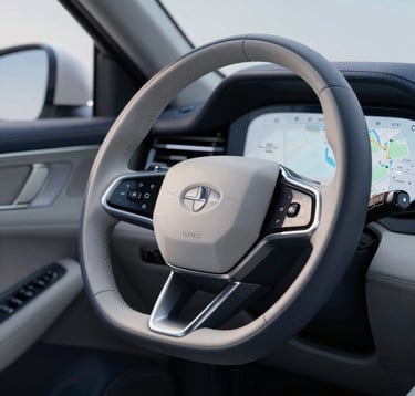 Close-up detail of a premium car's leather steering wheel and digital dashboard showing a Dubai map. The lighting is soft and sophisticated, using the palette colors #4A6F8A and #F5F8FA to highlight the high-quality textures and materials of a modern luxury vehicle interior.