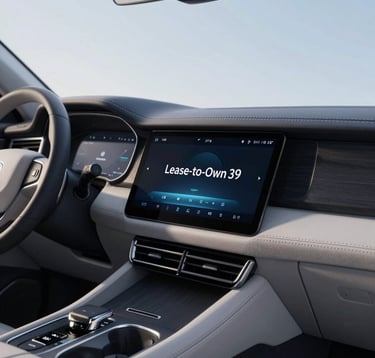 Close-up of a high-end luxury car interior, focusing on the leather stitching and a digital dashboard displaying 'Lease-to-Own' status. Sophisticated lighting highlights the premium materials, incorporating shades of #B8CEDE and #4A6F8A.