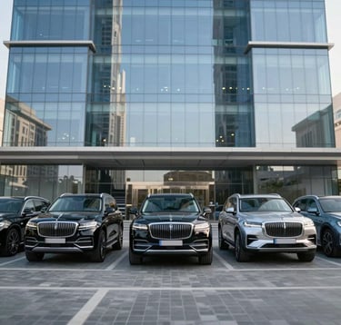 A wide-angle, symmetrical shot of a fleet of black and silver SUVs parked in front of a futuristic glass building in Dubai. The reflection of the #F5F8FA sky on the glass and the metallic surfaces of the cars creates a trustworthy and premium image.