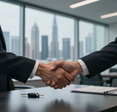 A professional scene showing two hands shaking across a sleek, dark desk in a high-rise office. A luxury car key sits on the desk. Large windows in the background reveal the Dubai skyline, symbolizing trust and a successful deal. Lighting is professional and cool, emphasizing #4A6F8A and #0A1128.