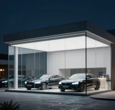 An architectural shot of a modern, minimalist glass car showroom in Dubai at night. Inside, the glowing silhouettes of luxury sedans are visible. The scene uses #0A1128 for the deep shadows and #B8CEDE for the clean, illuminated glass highlights.
