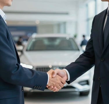 A professional handshake between a consultant in a luxury suit and a client, with a blurred high-end car showroom in the background. The lighting is bright and airy, using the #F5F8FA palette to emphasize trustworthiness and success.