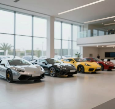 An interior shot of a minimalist, high-end Dubai car showroom. Large glass windows, polished floors reflecting #F5F8FA light, and a row of exotic cars in the background. The atmosphere is exclusive and professional.