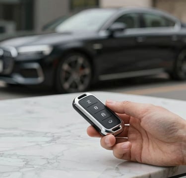 A close-up shot of a hand holding a modern electronic car key fob over a marble desk. In the background, out of focus, is the blurred silhouette of a luxury car. High-end lifestyle aesthetic, sharp focus on the key fob.