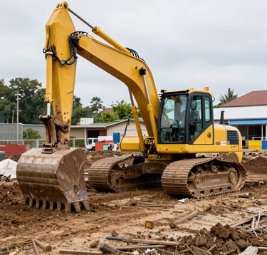A skilled worker operating heavy machinery to level a residential yard under a clear sky.