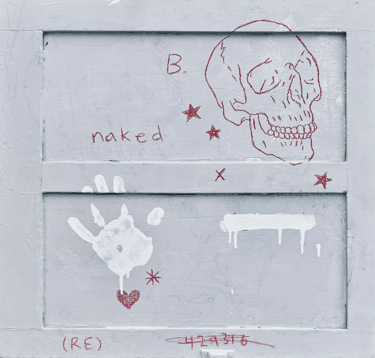 Rough painting of a human skull a handprint stars and hearts on wood