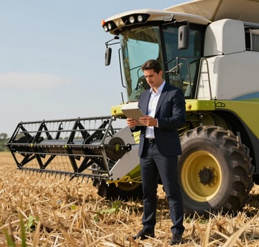 Professional photography of a Brazilian executive in formal attire standing next to a modern combine harvester in a sunlit field, looking at a digital tablet. The scene blends traditional farming with high-tech investment management.