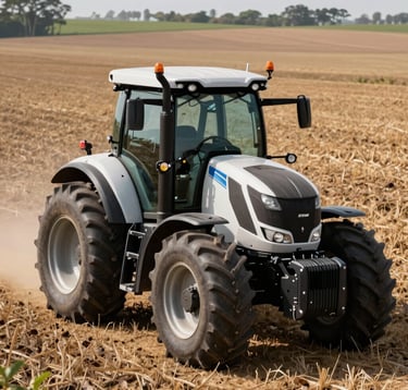 Professional photograph of a modern, high-tech tractor operating in a vast field. The focus is on the advanced machinery and the scale of the operation, representing the modern Brazilian agro-industry and precision.