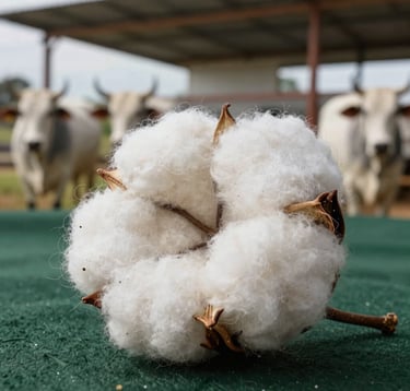 Sophisticated close-up of high-quality cotton fibers and a blurred background showing a modern South American ranch with premium cattle, clean lighting, professional corporate aesthetic, ivory and soft dark green colors.