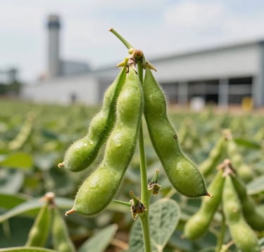 Close-up photography of healthy, vibrant green soybean pods on the plant, with a shallow depth of field. The background shows a modern South American / Brazilian industrial farm facility under a bright sky. Professional and crisp lighting.