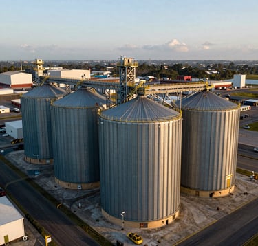 Modern grain silos and logistics infrastructure at a Brazilian port, shot from a high angle during the morning. The scene highlights global export and commodity scale, with deep green and gold accents in the environment.