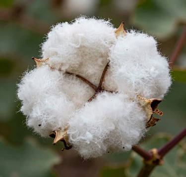 Macro photography of a ripe cotton boll, showing the pure white fibers in sharp detail against a dark green natural background. Soft morning light, professional agricultural photography captured in a South American / Brazilian field.