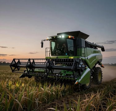 Modern agricultural harvester moving through a vast field at dusk, headlights on, representing high-performance agribusiness and efficiency, cinematic lighting, South American setting, dark green and black palette.