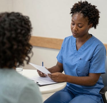 Close observational frame, a carer's hands completing a patient intake form on a clipboard, soft daylight from a window to the right, institutional floor visible below, no faces, quiet and focused