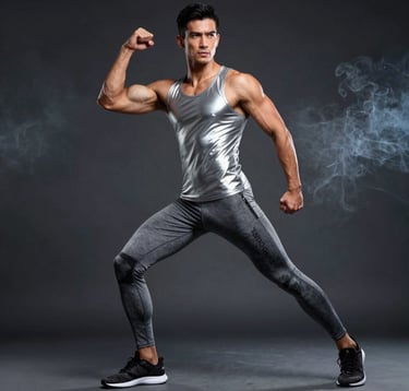 A full-body editorial shot of a male model in a dynamic pose, wearing metallic silver and charcoal grey fitness apparel. The setting is a dark studio with cinematic smoke effects and focused lighting that emphasizes muscle definition and presence.
