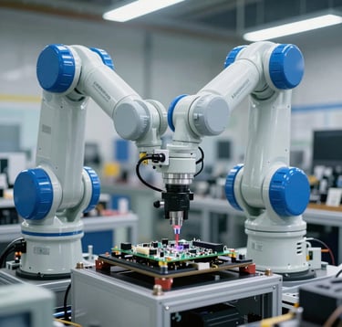 An industrial robotic arm precisely assembling a circuit board in a high-tech North American / US manufacturing plant. The lighting is bright and professional, with a color palette of clean light grey and bright blue accents.