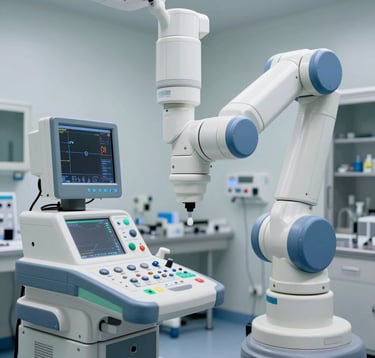 A high-detail photograph of a medical robotic console in a sterile, ultra-modern US hospital laboratory. The lighting is crisp and professional, using off-white and blue tones. The focus is on the precision instruments and ergonomic controls, showcasing medical technological leadership.