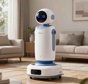 A sleek, white and blue domestic assistance robot standing in a sunlit, high-end North American / US living room. The composition is a clean medium shot highlighting elegant product design and high-tech textures.