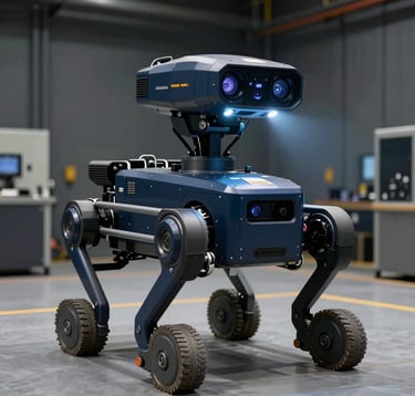 A rugged, high-tech autonomous exploration robot being tested in a North American / US government facility. The scene features authoritative navy blue and dark grey tones with dramatic focused spotlighting on the sensors.