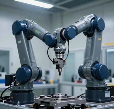 A close-up photograph of a sophisticated industrial robotic arm performing high-precision assembly in a clean, modern North American manufacturing facility. The machine is finished in professional dark grey and blue, with soft highlights from overhead LED lighting. The composition is focused on the articulation joints, conveying power and reliability.