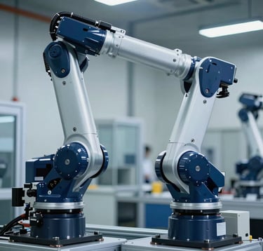 Close-up of high-performance industrial robotic arms in a state-of-the-art North American manufacturing plant. The lighting is crisp and cool, with navy blue and silver tones highlighting the precision joints and heavy-duty construction of the machinery.
