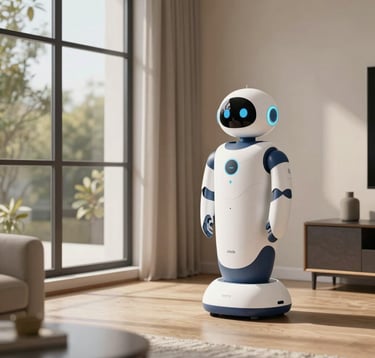 A lifestyle photograph of a minimalist, high-end North American living room where a sleek, white and navy blue companion robot stands subtly in the corner. The lighting is warm and natural from a large window. The setting is sophisticated and professional, reflecting a luxury residential environment.