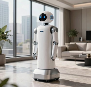 A sleek, minimalist domestic assistant robot standing in a modern, luxury living room in a North American / US city. Bright natural light streams through tall windows, highlighting the clean white and silver metallic finish of the robot.