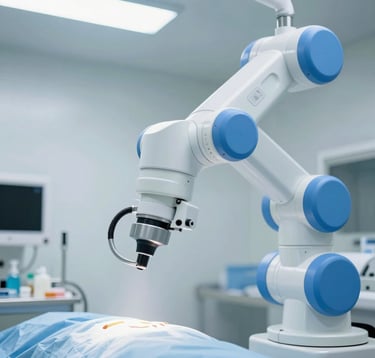 A close-up photograph of a medical robotic surgical arm in a sterile, bright North American hospital setting. The lighting is cool white with bright blue accents, emphasizing precision engineering and professional medical grade materials.