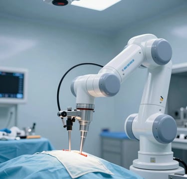 An advanced surgical robot in a pristine, blue-lit North American operating room. The image focuses on the precision of the robotic instruments with a clean, clinical aesthetic that conveys authority and life-saving reliability.