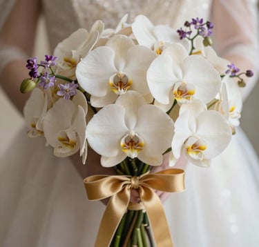 Extreme close-up of a bridal bouquet composed of rare ivory silk-textured orchids and delicate amethyst shadow blossoms, tied with an antique gold velvet ribbon. Soft, dreamy lighting with an ethereal bokeh background.