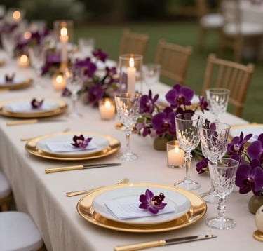 A luxury outdoor wedding table set for a gala dinner. Gold-rimmed plates, crystal glassware, and deep purple orchids. Soft golden candlelight illuminates the scene against a soft cream tablecloth.