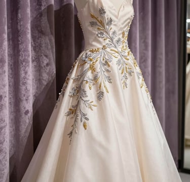 A close-up of an exquisite bridal gown with silver and gold thread embroidery. The fabric is ethereal cream silk. The dress hangs against a backdrop of soft amethyst velvet curtains in a high-end boutique.