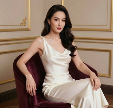 A professional portrait of an elegant woman with a sophisticated look, wearing a pearl white silk dress, sitting on a rich plum velvet chair in a room with gilded sand wall moldings.