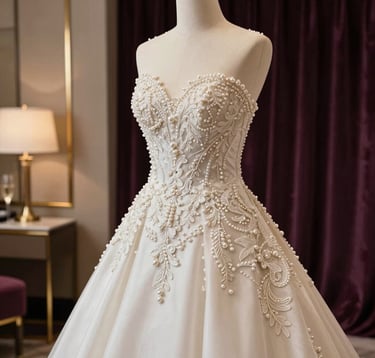 A close-up photograph of a bespoke designer wedding gown made of Pearl Silk lace and intricate embroidery. The gown is displayed on a mannequin in a dimly lit hotel suite with Champagne Gold accents and a Midnight Plum velvet backdrop.