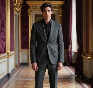 A high-fashion portrait of a creative male director in a charcoal tailored suit standing in a grand Italian villa hallway. The lighting is soft and moody, emphasizing the gilded sand architectural details and rich plum velvet textures in the background.