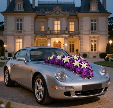 A sleek, silver-toned luxury vintage car parked in front of a grand European manor at night. The car is adorned with a cascading arrangement of Royal Amethyst orchids and Pearl Silk lilies, illuminated by warm, soft spotlights.