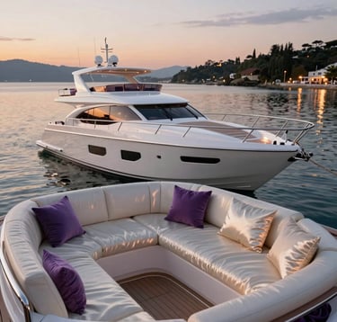 A sleek, white luxury yacht anchored in a calm bay at sunset. The deck is styled with plush ivory silk cushions and amethyst shadow accents. Soft copper lighting glows from the cabin, reflecting off the water. Opulent and refined romance.