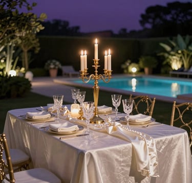 An opulent garden table setting at night. The table is draped in Pearl Silk linens with crystal glassware and tall Champagne Gold candelabras. The background features a softly lit garden path and a shimmering swimming pool under a dark Royal Amethyst sky.