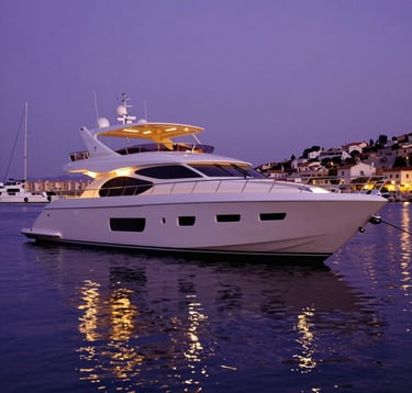 A sleek, white luxury yacht moored in a Mediterranean harbor at twilight. The yacht is lit with warm royal amethyst and golden LED lights. Reflections dance on the deep purple water.