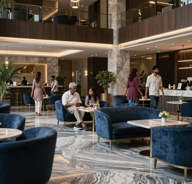 Interior shot of a high-end luxury residential lobby in Bangalore. The space features dark slate blue furniture and silver grey marble floors. South Asian / Indian families are seen in the distance, enjoying the sophisticated and modern atmosphere.