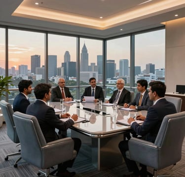 A sophisticated boardroom overlooking the Bangalore skyline at sunset. The interior features elegant Muted Silver furniture and Slate Blue Grey upholstery. Professionals in a South Asian / Indian corporate meeting are gathered around a polished table.