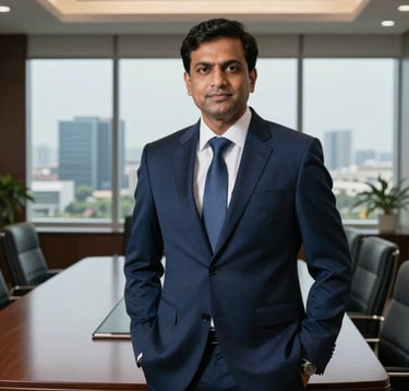 A professional portrait of a male leader in a crisp suit, standing in a sophisticated South Asian / Indian boardroom with a view of Bangalore's tech parks. The lighting is soft and professional with a palette of Dark Navy Blue and Steel Blue.