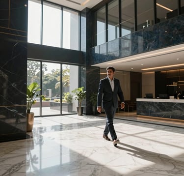 A luxurious interior of a modern corporate lobby in Bangalore. The space features Pearl White marble floors and Dark Charcoal Blue accent walls. A professional in a South Asian / Indian business setting is seen walking through the sunlit atrium which has large floor-to-ceiling windows.