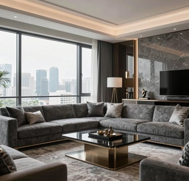 A luxurious living room in a modern South Asian / Indian premium residence, elegant decor with dark slate grey and silver grey accents, large windows overlooking a city skyline, bright natural lighting, sophisticated ambiance.