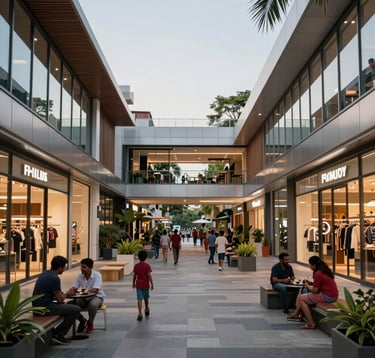 A vibrant, upscale open-air retail plaza in Bangalore during the afternoon. The architecture is modern with glass storefronts and Muted Silver metallic finishes. South Asian / Indian families are seen enjoying the manicured outdoor walkways and contemporary design.