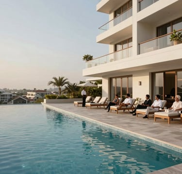 Professionals and residents enjoying a luxurious amenity deck with an infinity pool in a premium South Asian / Indian residential complex, modern architecture, soft off-white tones, clear sky, aspirational mood.