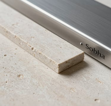 A detailed close-up of premium construction materials used in Sobha projects, such as soft off-white textured stone and polished silver grey steel. The focus is sharp, highlighting the meticulous craftsmanship typical of Bangalore's top developer.
