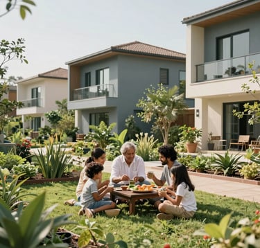 A family enjoying an elegant outdoor community garden in a modern South Asian / Indian residential complex, lush greenery, muted blue-grey and soft off-white structural accents, sunny day, joyful and secure atmosphere.